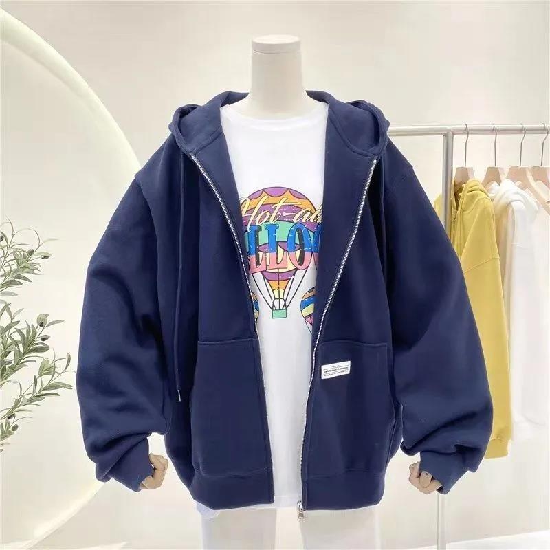 Sweater Women's Spring and Autumn 2021 Leisure All-match Pocket Solid Color Zipper Cardigan Hooded Long-sleeved Jacket