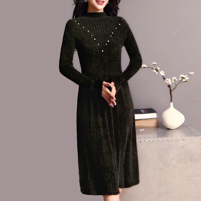 Autumn and Winter Long Thick Sweater Skirt Knitted Slim Mohair Dress Warm All-match Female Base Dress