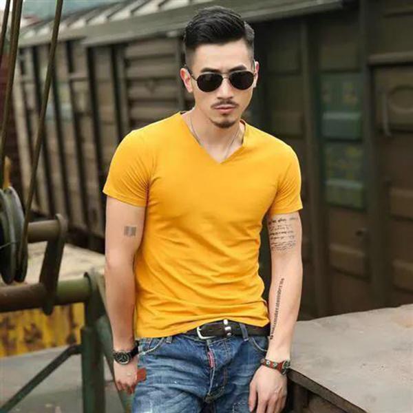 Summer Solid Color Men's Short-sleeved T-shirt V-neck Half-sleeved Top White Men's Bottoming Shirt Slim T-shirt Trend