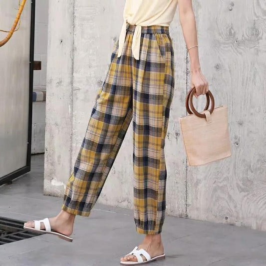 Women's Spring Summer Large Size Elastic Waist Harem Pants Female Casual Wide Leg Loose Plaid Jogging Pants