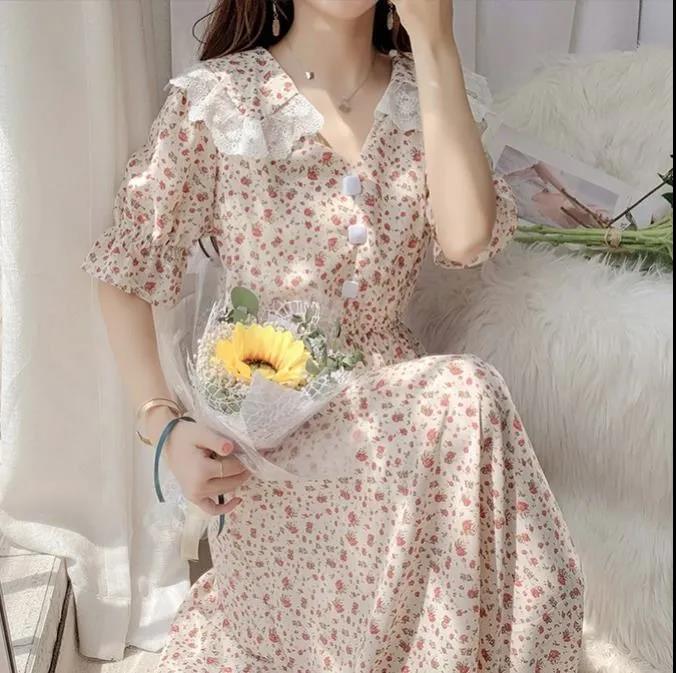 Women Summer Vintage High Waist Fairy Holiday Long Dress Elegant Slim Lace Peter Pan Collar Idyllic Floral Printed Dress