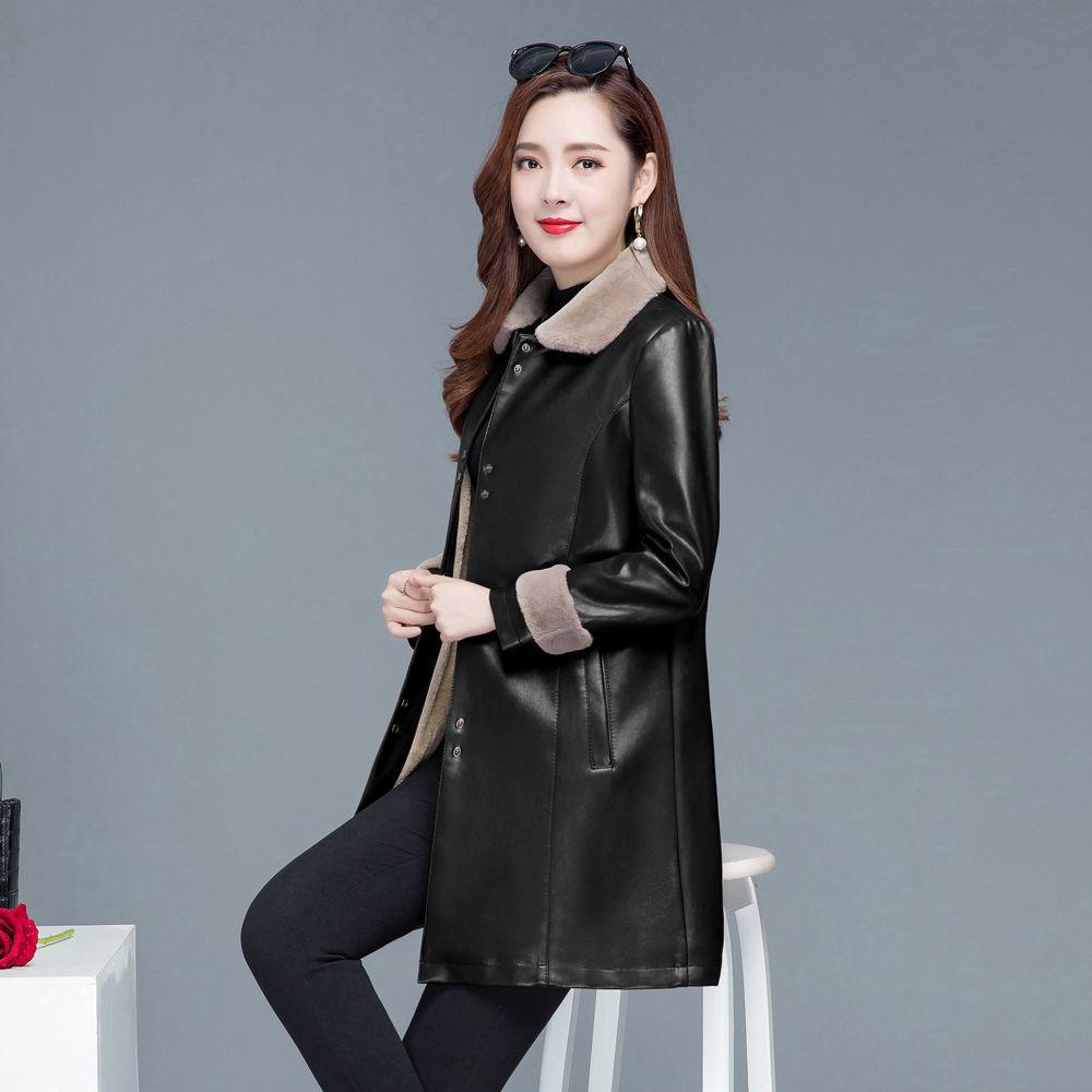 Winter Fashion Cool Leather Jacket Thick Velvet Leather Jacket Women's Mid-length Plus Velvet Thick Leather Coat Leather Jacket  Parka Coat