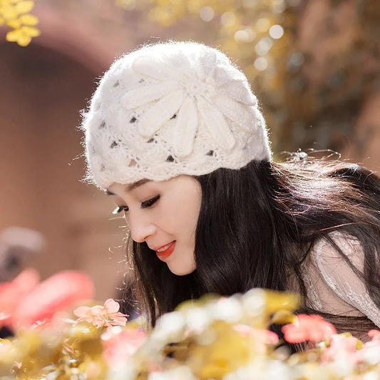 Knitted Hat Woman Autumn and Winter Wild Handmade Flower Warm Sweater Hat Bag Head Month Cap