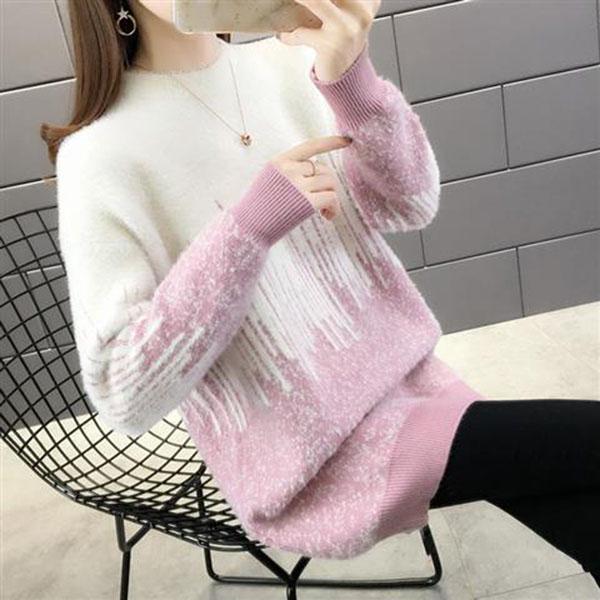 Women's Mohair Sweaters Thick Pullover Knitwear Gradient Color Round Neck Fuzzy Sweater