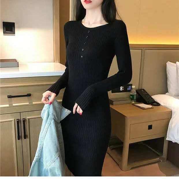 All-match Feminine Dress Fashion Temperament Slim Slimming Long-sleeved Knitting Mid-length Bag Hip Skirt