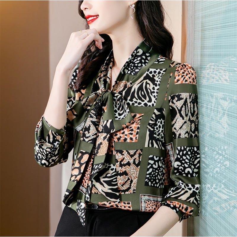 Chiffon Print Shirt Women's Light Ripe Bow Top All-match Commuter Long Sleeve