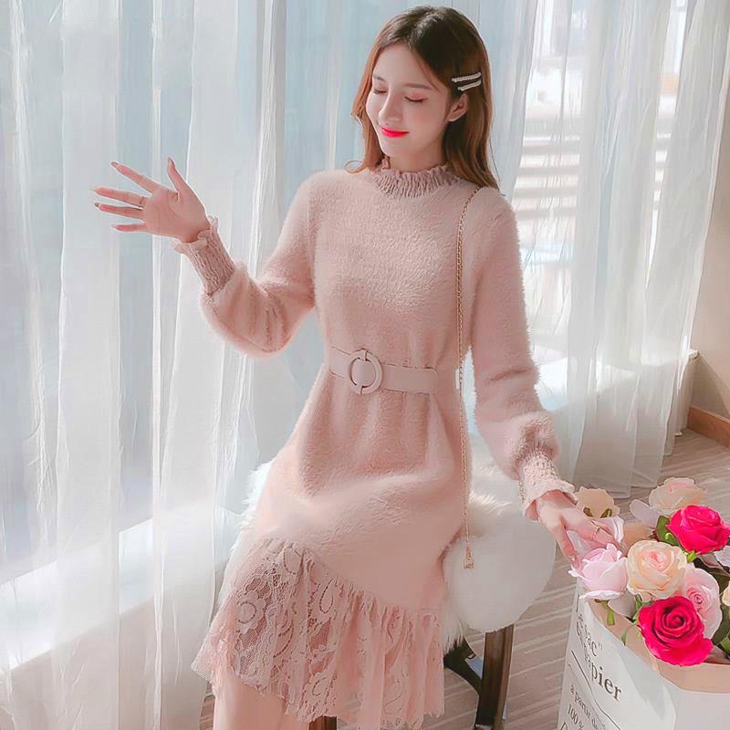 Autumn and Winter Half High Neck Dress Mid-length Lace Stitching Base Temperament Female Sweater Skirt