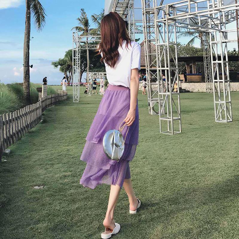 Suit Clothes Fairy Skirt Suit Super Fairy Net Yarn Cake Long Skirt Two-piece Sweet and Cute Purple Skirt Round Neck Short Sleeve T-shirt Skirt