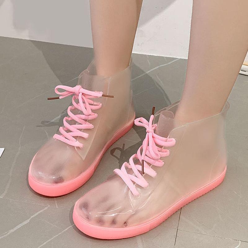 Transparent Rain Boots Female Fashion Korean Adult Rain Boots Student Jelly Shoes Waterproof Shoes Cute Water Boots Non-slip Rubber Shoe Covers