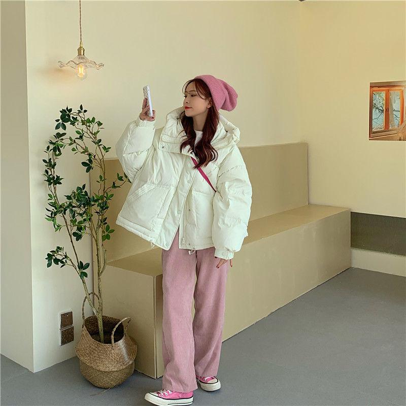 Women's Winter Korean Style Loose Quilted Jacket Women's Warm Stand-collar Down Jacket Solid Color Mid-length Down Jacket Quilted Jacket