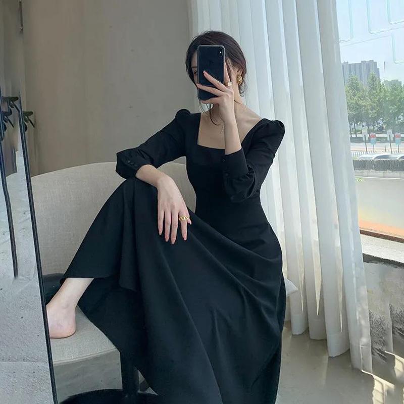 Black Dress Women's Long-sleeved French Retro Hepburn Style Square-neck Long Dress Gentle and Elegant Waist Slimming Square-neck Dress