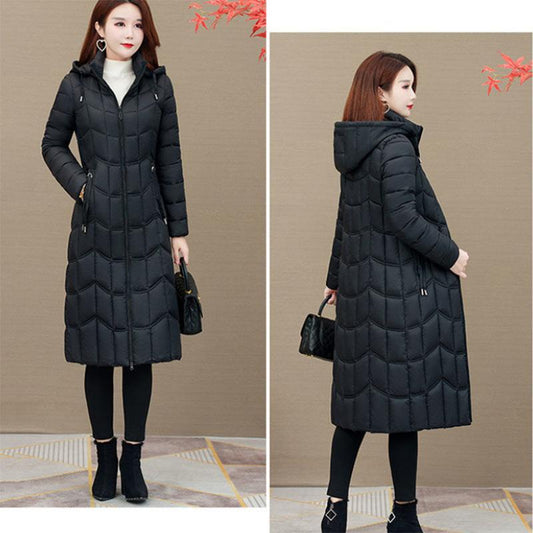 Women's Solid Color Long Down Jacket  Quilted Coat Women's Winter Padded Down Jacket Hooded Down Jacket with Warm Stand-up Collar