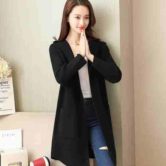 Autumn and Winter Hooded Knitted Jacket Temperament Loose Thick Coat Mid-length All-match Cardigan Female Jacket