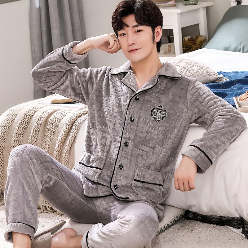 Pajamas Men's Winter Coral Velvet Thickened Plus Velvet Warm Spring, Autumn and Winter Men's Flannel Home Service Suit