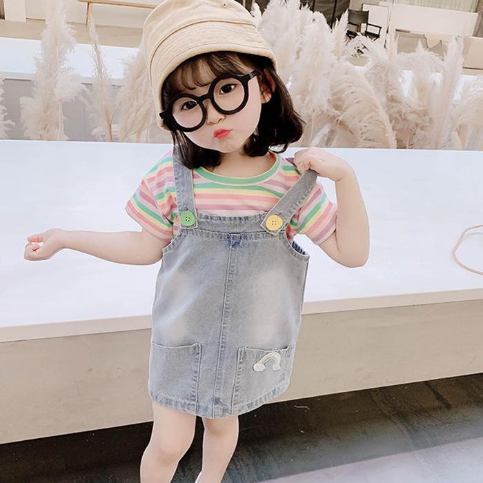 2PCS Children Clothing Set Spring Summer Girls Suits Printing Short Sleeve Stripe Tops + Suspender Skirt Clothing Set