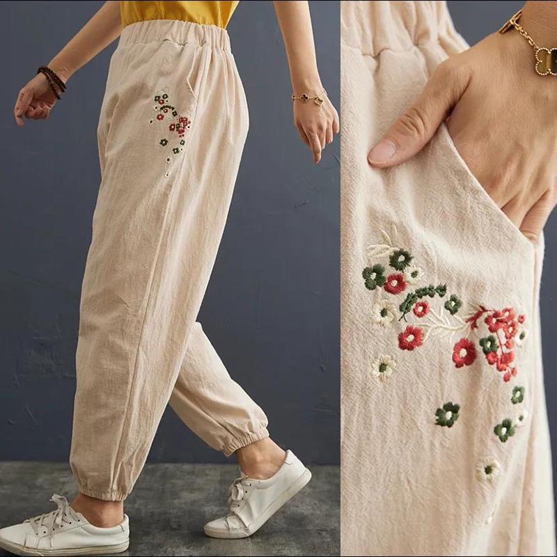 WTEMPO Cotton Retro Flower Embroidery Women Spring and Summer Loose Solid Color Casual Trousers