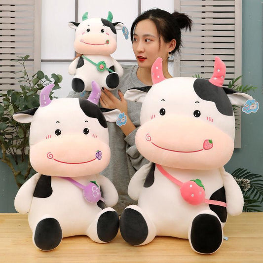 Cute Fruit Backpack Cow Doll Super Soft Lovely Cow Doll Children Sleep Pillow Birthday Gift