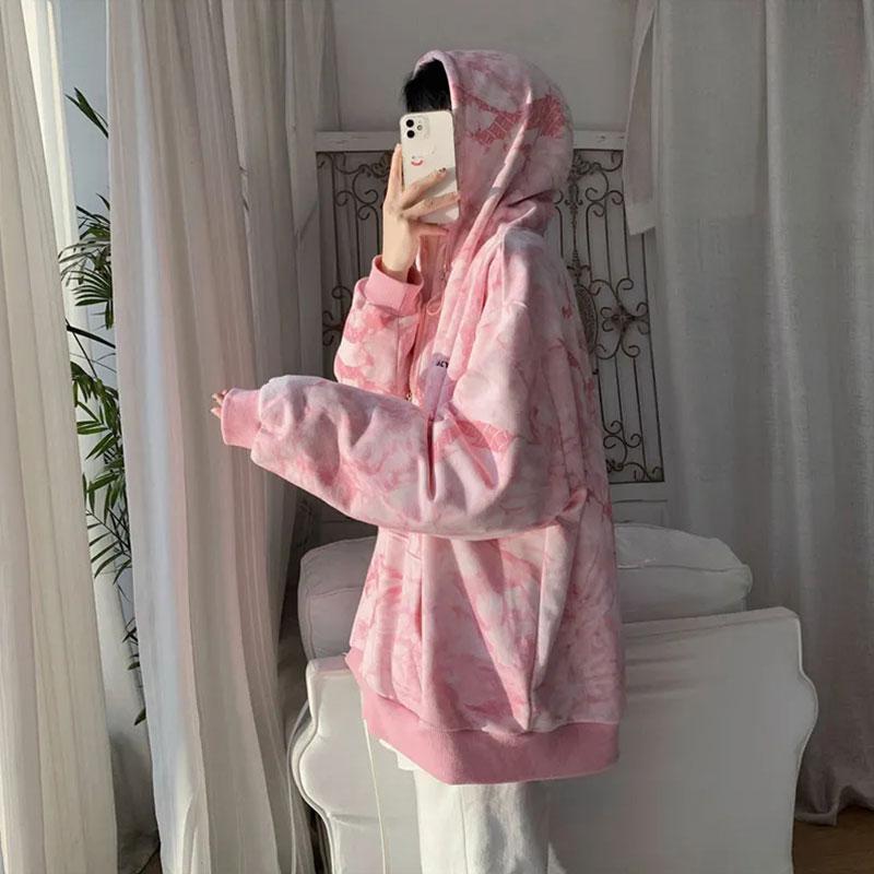 Oversize Tie-dye Coat Women's Long-sleeved Zipper Cardigan Casual Sweater Spring and Autumn Loose Jacket Unisex Hooded Sweatershirt