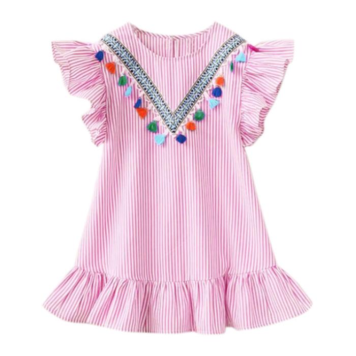 Girls' Summer Girls' Neckline Tassel Vertical Stripe Ruffle Dress National Style Pleated Girls' Dress