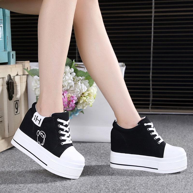 Women's  Canvas Shoes Wedges Heel Thick Bottom Increased Casual Shoes High-heeled Platform Lace Up Wedge Sneakers