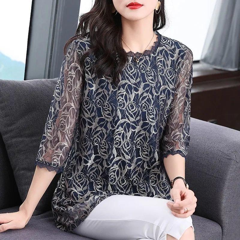 Three-quarter Sleeve Lace Bottoming Shirt Women's Mid-length Mid-sleeve Large Size Hollow Loose Mesh Top