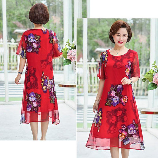 Large Size Middle-aged Women's Summer Dress Over The Knee Middle-aged Mother's Summer Dress Chiffon Short-sleeved Skirt Loose