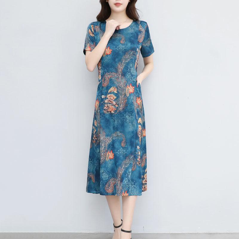 Retro Ethnic Print Mid-length Dress Summer New Plus Size Women's Loose Short-sleeved A-line Skirt