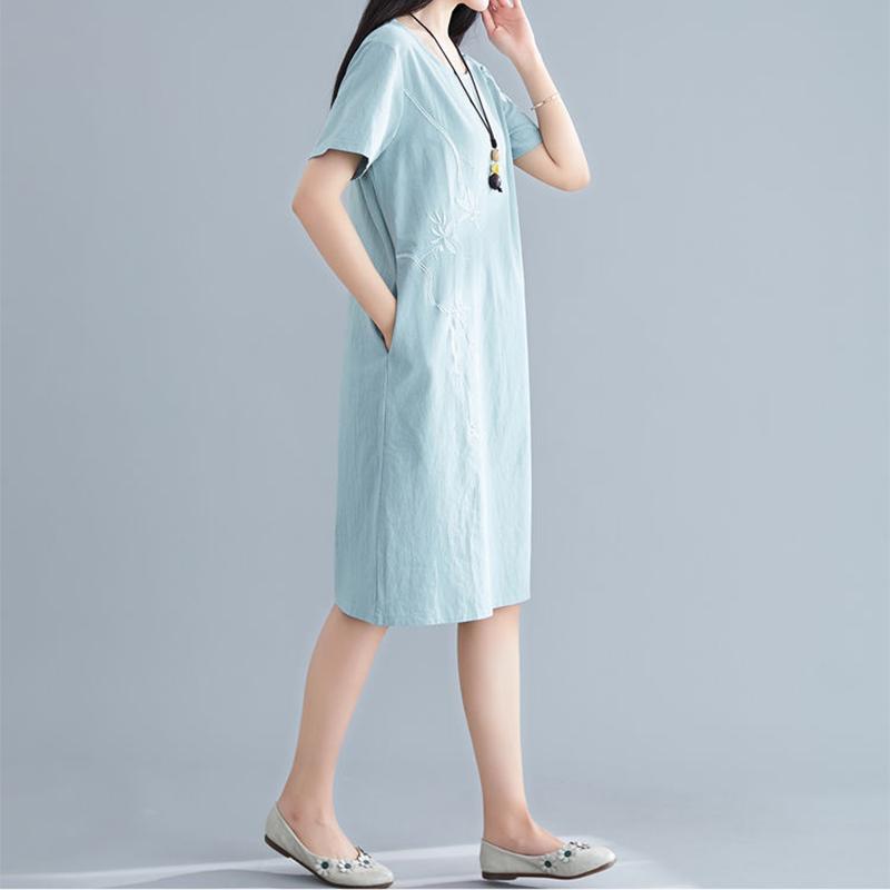 Cotton and Linen Embroidered Dress Women's Summer Ethnic Style Loose and Thin A-line Buckle Mid-length Dress