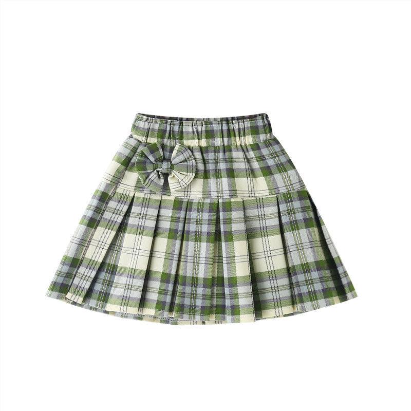 Autumn Spring Summer Casual Girls Pleated Skirt Plaid Skirt Student Performance Dress Bowknot Short Skirt