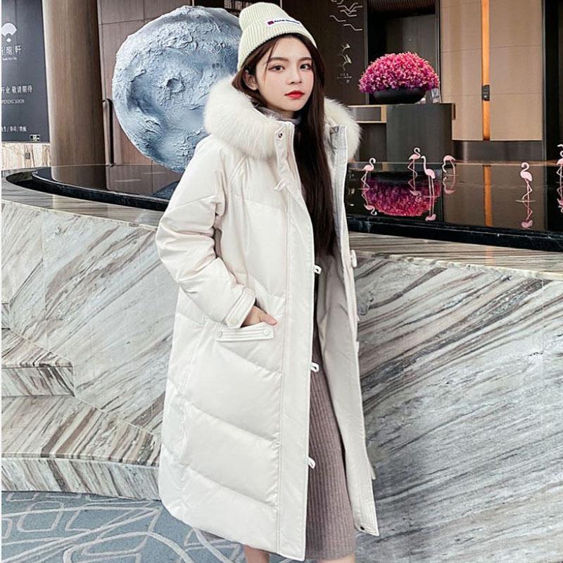 Ladies Down Jacket Winter Fashion Big Fur Collar Hooded Jacket Thick and Cotton Warm Mid-length Jacket