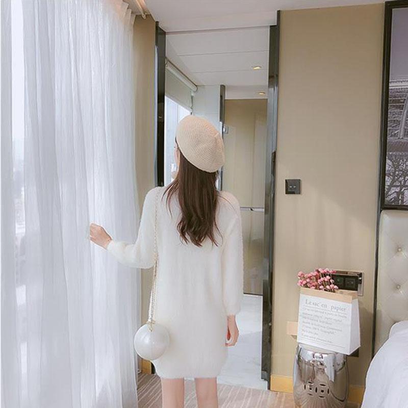 Autumn and Winter Temperament All-match Dress Beaded Mohair Knitted Sweater Dress Loose Mid-length Female Base Dress