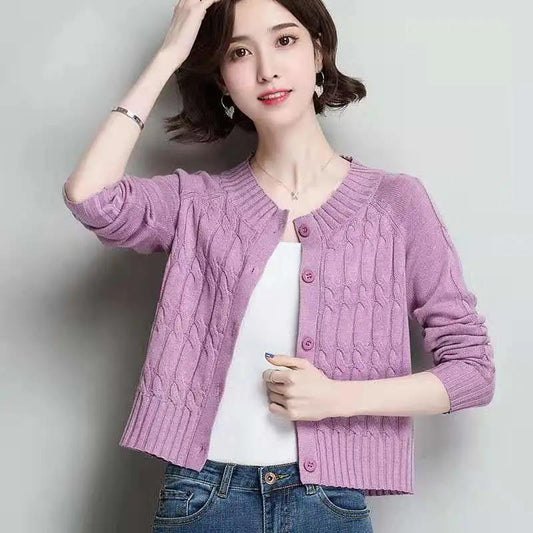 Pure Color Twist Knit Cardigan Women's Spring and Autumn Women's Short and Small Age-reducing Sweater Women's Jacket