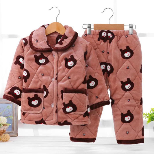 Winter Pajamas Printed Cartoon Pattern Bear Pattern Plus Velvet Thick Cotton Two-piece Coral Velvet Warm and Cold Home Service