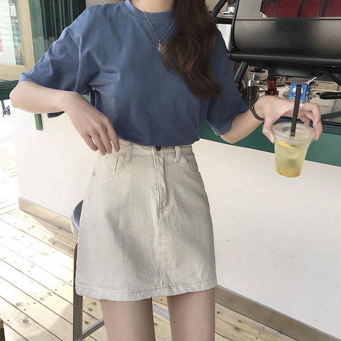 Women Summer High Waist Skirt Casual Solid Color Anti-Darkening Mini Thin Sexy A-line Denim Skirt