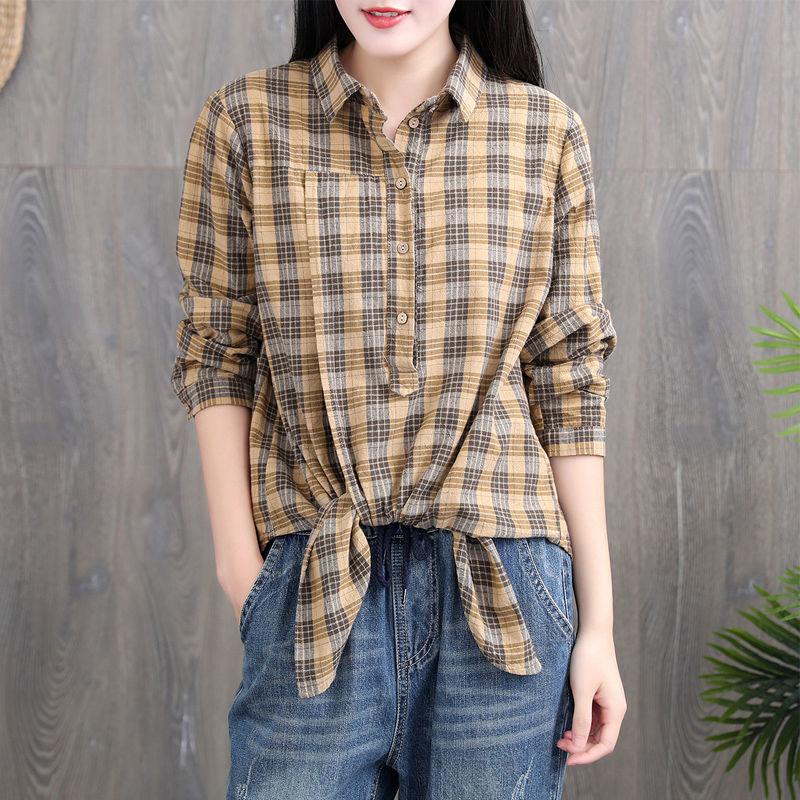 Bow Striped Retro Plaid Long Sleeve Shirt Women's Loose Large Size Mid Length Cardigan Shawl