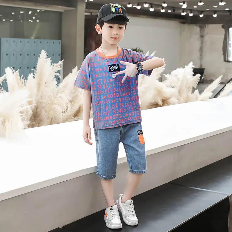 Children's Clothing Boys Summer Suit Head-up Letter Printing Short-sleeved Breathable Denim Five-point Pants Cool Cute Boy Two-piece Suit