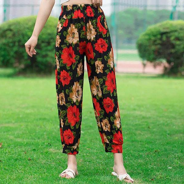 Women's Spring and Summer Plus Size Printing Long Pants Female Elastic Waist Loose Casual Thin Trousers