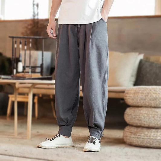 Chinese Style Tang Suit Trousers with Leggings, Men's Cotton and Linen Monk Trousers, Antique Linen Trousers