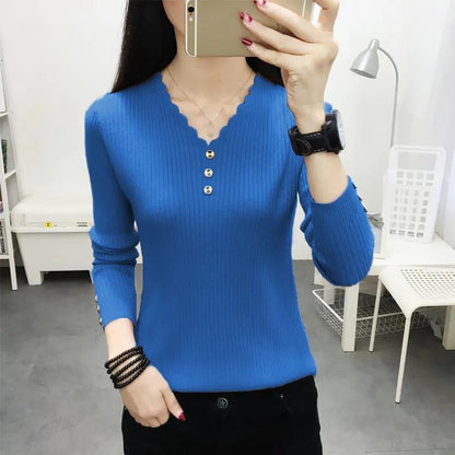 Soft Fabric Buttoned V-neck Long-sleeved Sweater Women's Slim Knit Sweater Women's Comfortable Solid Color Bottoming Shirt