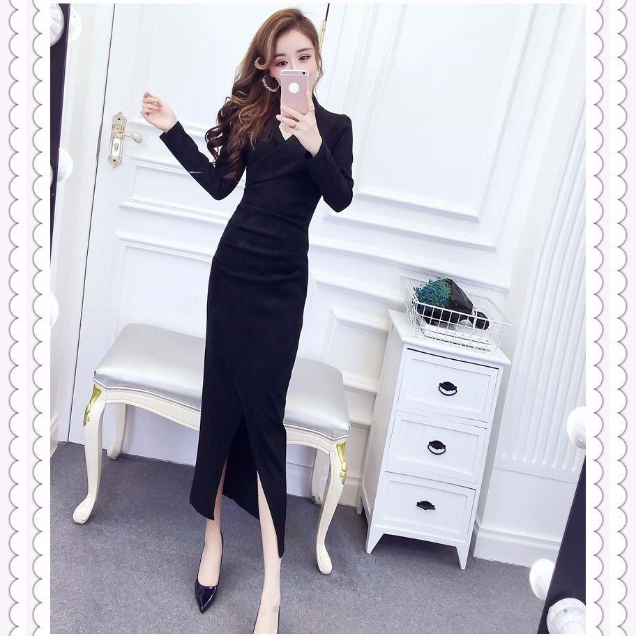 Women's Bottoming Shirt Knit Dress Fashion Slim Pullover V-neck Sweater Knitted Dress Mid-length Over-the-knee Bottoming Shirt