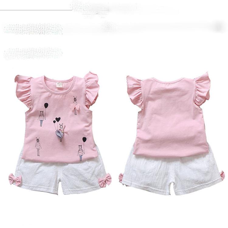 2PCS Children Clothing Set Spring Summer Girls Suits Printing Short Sleeve Tops + Pants Clothing Set