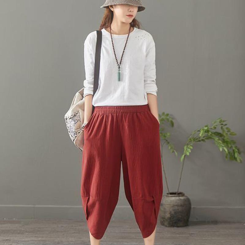 WTEMPO Large Women's Pants Linen Solid Color Cotton Linen Pants Eight Point Loose Casual Harem Pants Summer Thin