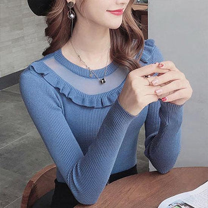 2019 Autumn Winter Women Ladies Long Sleeve RuffleNeck Slim Knitted Sweet Sweater Top Femme Jumper