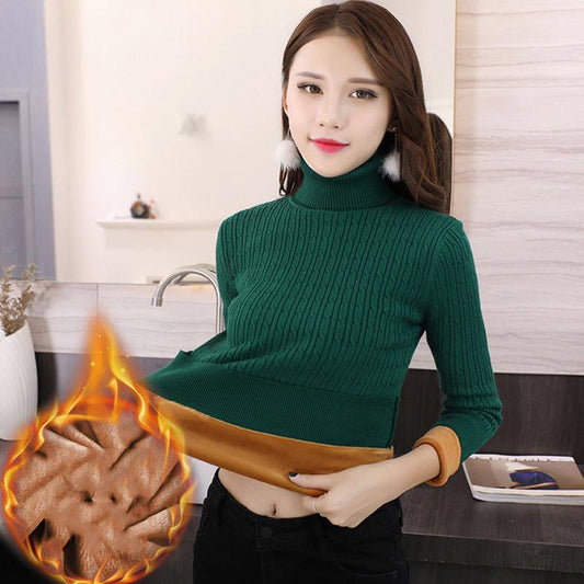 Warm Short Sweater Autumn and Winter High Collar Plus Velvet Thick Sweater Female Large Size