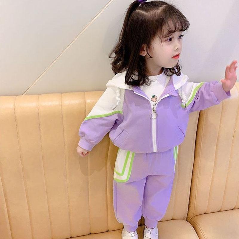 Girls' Suits Spring and Autumn Girls' Baby Sports Suits Children's Hooded Two-piece Casual Suits Loose Stitching Sets