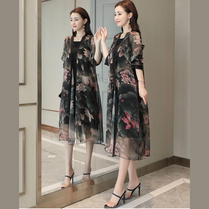 1 Piece of Chiffon Cardigan Mid-length Sunscreen Female Loose Casual Large Size Shawl Printed Air Conditioning Beach