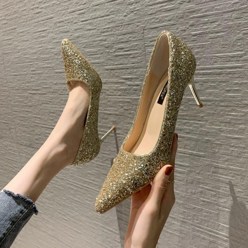 Shoes Women Spring and Summer All-match Sequins Chinese Wedding Shoes Wedding Shoes Bridal Shoes High Heels Women Stilettos