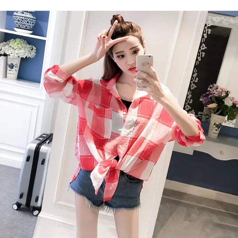 Women's Mid-length Plaid Shirt Long Loose Jacket Women's Sun Protection Clothing Large Size Loose Thin Jacket Ladies Long Chiffon Shirt