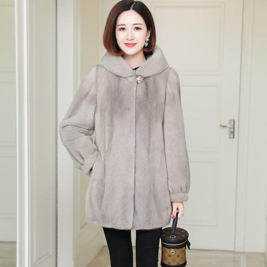 Women's Hooded Mid-length Thickening Winter Models of Imitation Mink Fur Coat Loose Mink Fur Coat