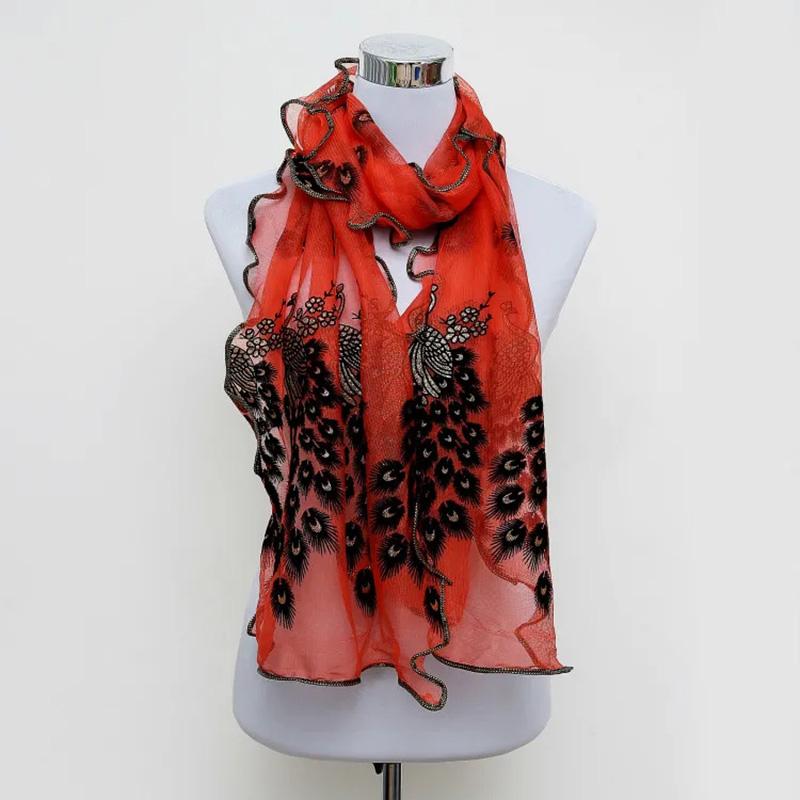 Women's Peacock Embroidery Scarf Bronzing Peacock Silk Scarf Lace Gauze Edging Solid All Match Neck Collar Scarves High Quality Neckerchief Shawls